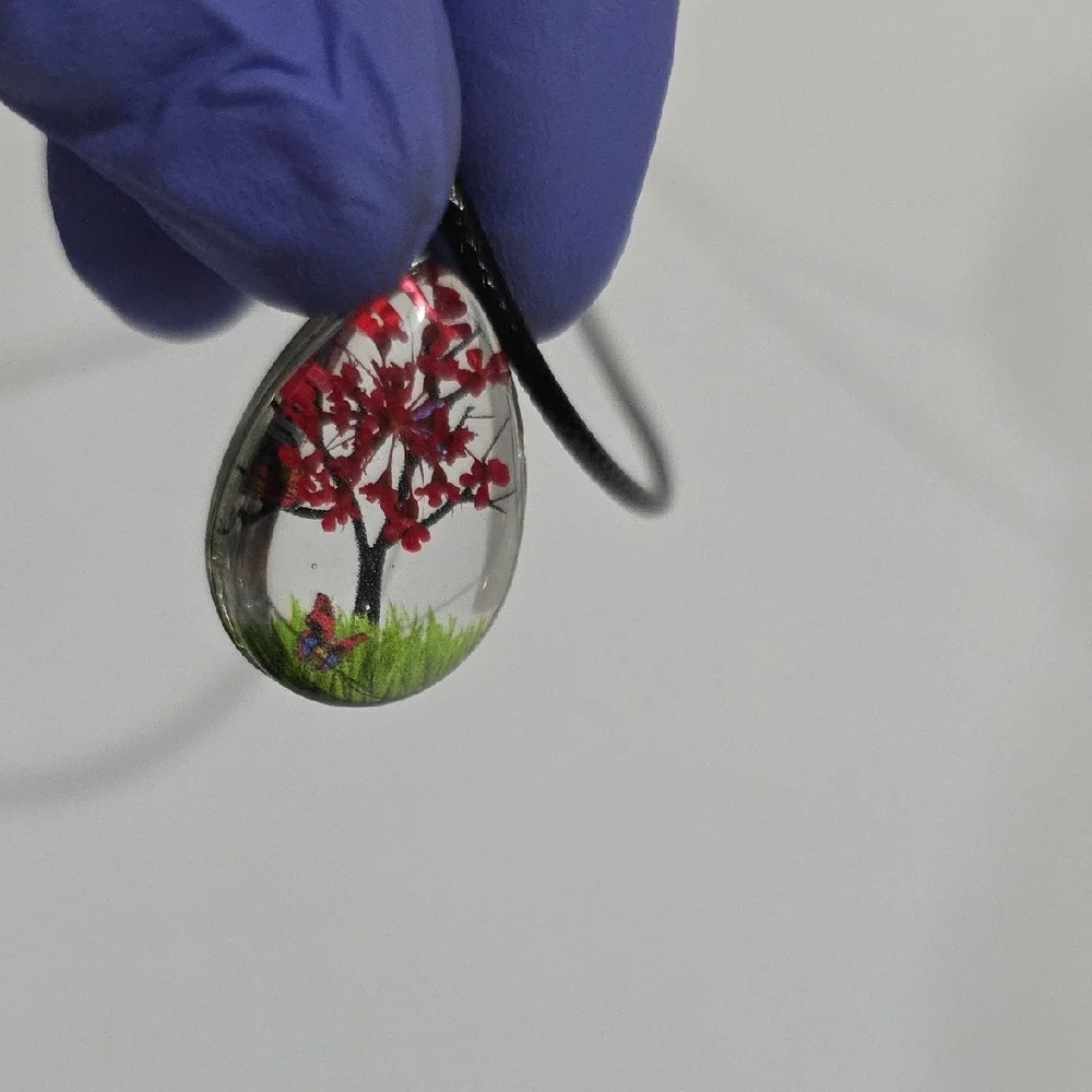 Teardrop Pendant Necklace – Red Blossom Floral Resin Jewelry on a Black Cord